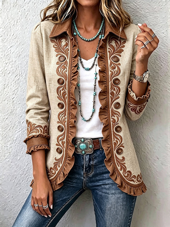 Open-Front Jacket with Floral Embroidery and Ruffles – product image