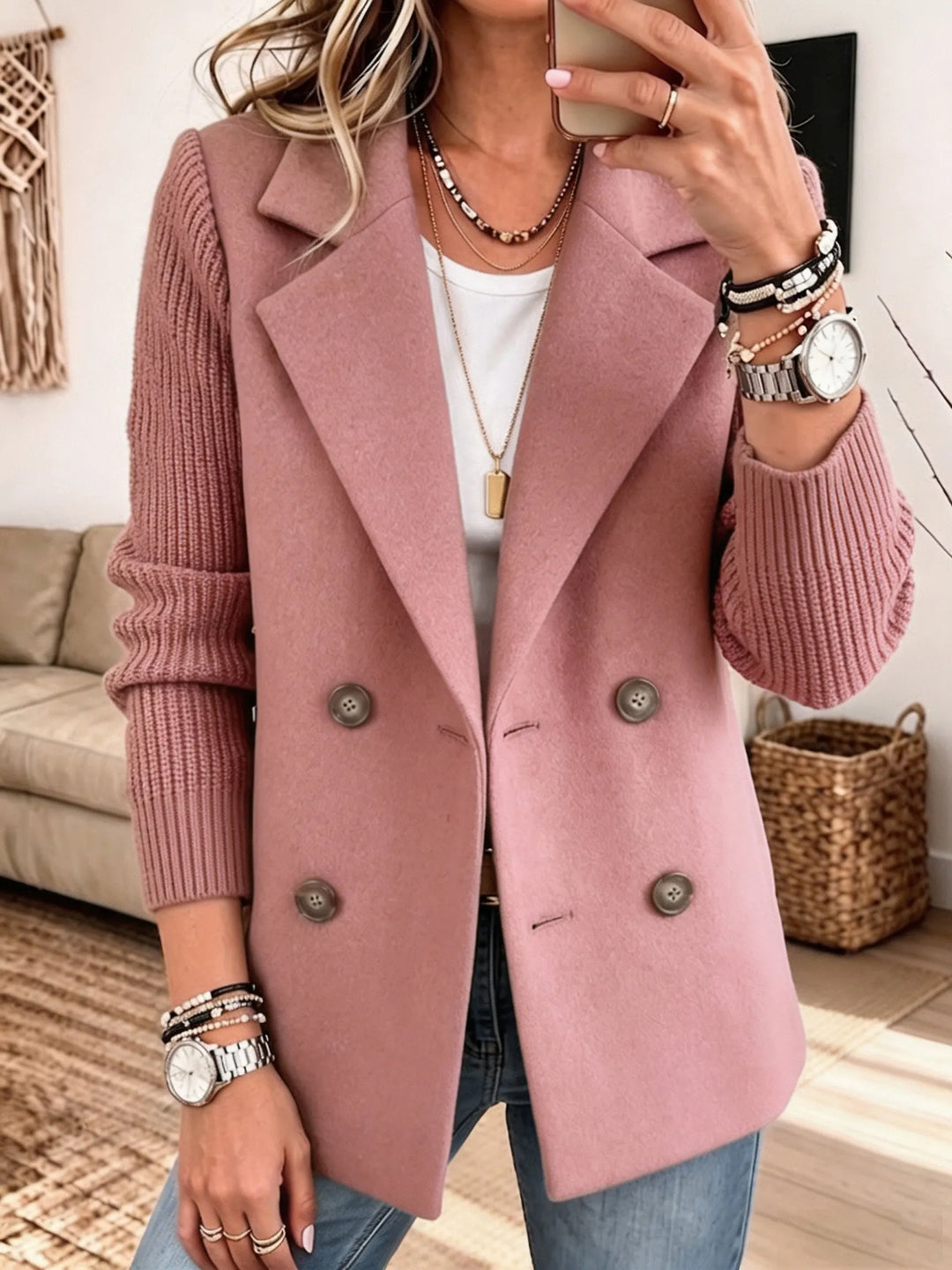 Women's Elegant Blazer with Knit Sleeves