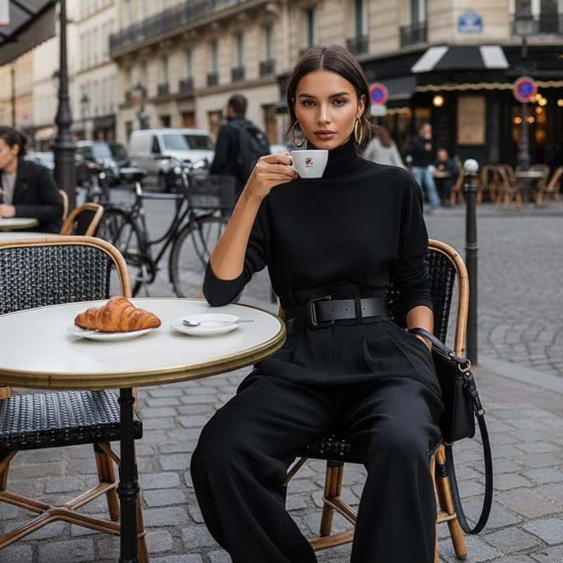 Elegant Two-Piece Set with Turtleneck and High-Waisted Pants