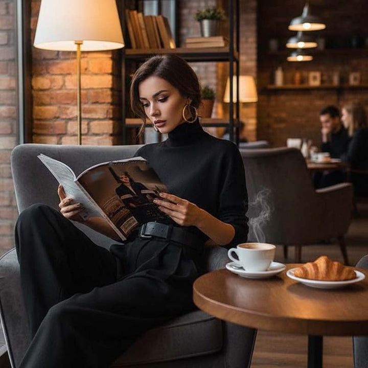Elegant Two-Piece Set with Turtleneck and High-Waisted Pants